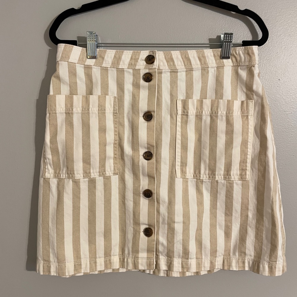 Old Navy Button Front Mini Skirt Womens 10 Tan White Striped Coastal Nautical
